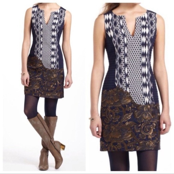 Anthropologie Floreat Mika Embroidered Jacquard Navy Shift Dress Sz 4 - Picture 1 of 7
